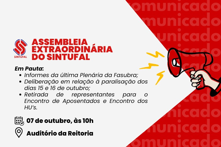 Técnicos da Ufal irão participar de assembleia extraordinária na próxima 2ª feira Técnicos da Ufal irão participar de assembleia extraordinária na próxima 2ª feira